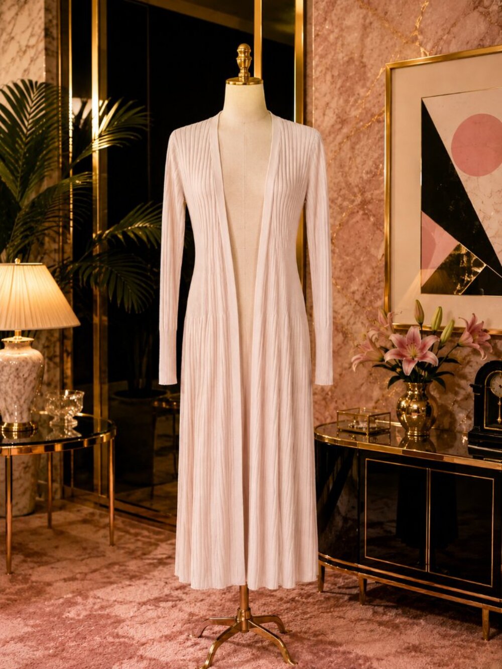 Vintage-Inspired/Pleated Maxi/Flowing A-Line/Elegant/Cardigan